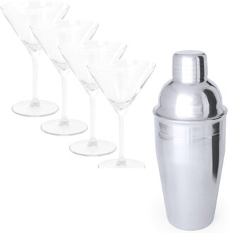 4x Cocktailglazen / martiniglazen 260 ml + cocktailshaker semi-matte 550 ml RVS