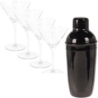 4x Cocktailglazen / martiniglazen 260 ml + cocktailshaker zwart 500 ml RVS - Cocktailglazen Transparant