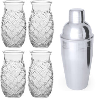 4x Cocktailglazen / Pina Colada glazen transparant 500 ml + Cocktailshaker semi-matte 550 ml RVS - Cocktailglazen