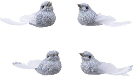 4x Decoratie glitter vogeltjes zilver op clip 5 cm
