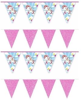 4x Eenhoorn thema vlaggenlijnen print en roze glitters kinderfeestje/kinderpartijtje versiering/decoratie - Vlaggenlijne Multikleur
