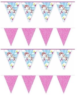 4x Eenhoorn thema vlaggenlijnen print en roze glitters kinderfeestje/kinderpartijtje versiering/decoratie - Vlaggenlijne Multikleur