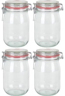 4x Glazen confituren pot/weckpot 1000 ml/1 liter met beugelsluiting en rubberen ring - Weckpotten Transparant