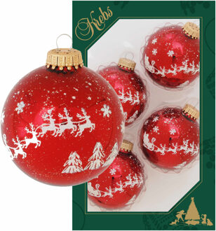 4x Glazen glanzende kerstballen rood met arrenslee opdruk 7 cm - Kerstbal