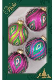 4x Glazen glitter kerstballen in vrolijke kleuren 7 cm - Kerstbal Multikleur