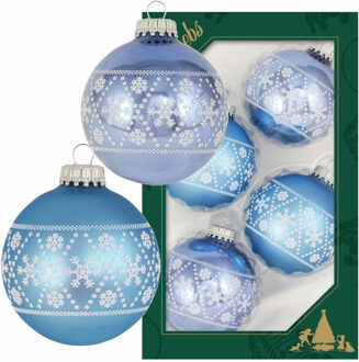 4x Glazen ijsblauwe/lichtblauwe kerstballen met witte decoratie 7 cm - Kerstbal