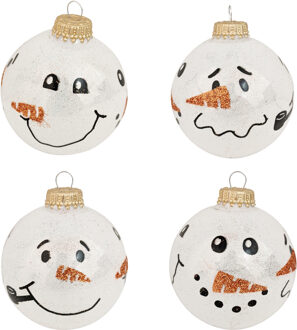 4x Glazen witte glitter kerstballen met sneeuwpop 7 cm - Kerstbal