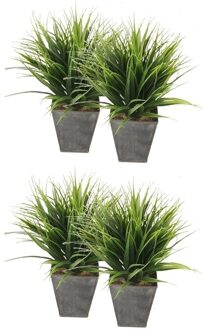 4x Grasplant in zwarte zinken pot 30 cm - Kamerplant kunstplanten/nepplanten