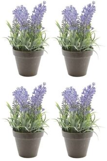 4x Groene/paarse Lavandula/lavendel kunstplanten 17 cm in zwarte plastic pot - Kunstplanten/nepplanten