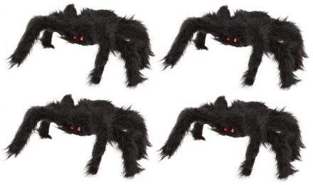 4x Horror griezel spinnen zwart 20 x 28 cm - Grote harige nep spin 2 stuks - Halloween decoratie/accessoire