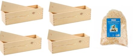 4x Houten wijnkist/verpakking met schuifdeksel/150 gram houtwol