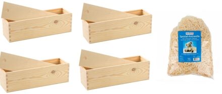 4x Houten wijnkist/verpakking met schuifdeksel 33,5 x 9 x 9,5 cm en 150 gram vulmateriaal / houtwol - Wijnkistje/wijndoosje - Relatiegeschenk/geschenkverpakkingen