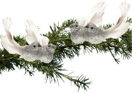 4x Kerst decoratie gliter vogeltje op clip zilver - Kersthangers Zilverkleurig