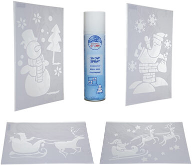 4x Kerst decoratie raamsjablonen 54 cm met busje ECO spuitsneeuw van 150 ml - Raam sneeuw figuren maken