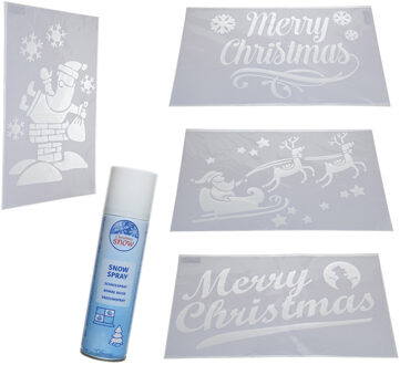 4x Kerst Decoratie Raamsjablonen Met Busje Spuitsneeuw - Kerst Raamsjablonen Wit
