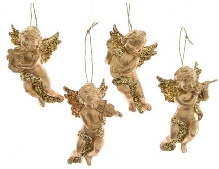 4x Kerst hangdecoratie gouden engeltjes met muziekinstumenten 10 cm - Kersthangers Goudkleurig