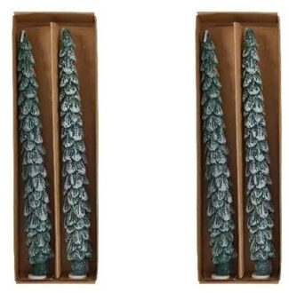 4x Kerstboom kerst kaarsen groen met sneeuw 26 cm - kerstdiner kaarsen