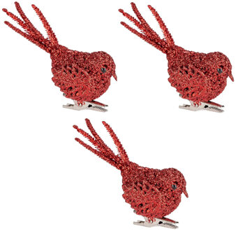 4x Kerstboomversiering glitter rode vogeltjes op clip 12 cm - Kersthangers Rood