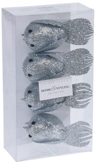 4x Kerstboomversiering glitter vogels op clip zilvergrijs 17 cm - Kersthangers Zilverkleurig