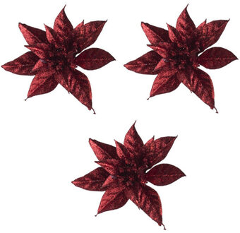 4x Kerstversieringen glitter kerststerren bordeaux/donkerrood op clip 8 cm - Kunstbloemen