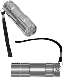 4x Kleine 9 LED krachtige pocket zaklamp - zilver - 9 cm - met batterijen en koordje