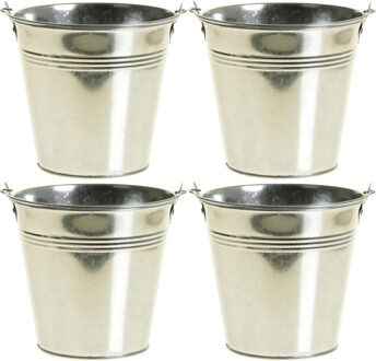 4x Kleine zinken emmertjes/bloempotjes zilver 9 cm hoog