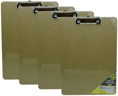 4x Klemborden / clipboards hout A4 met papierklem - 23 x 23 cm - bewaren en organiseren van papier / documenten - kantoorartikelen / houten A4 schrijfborden