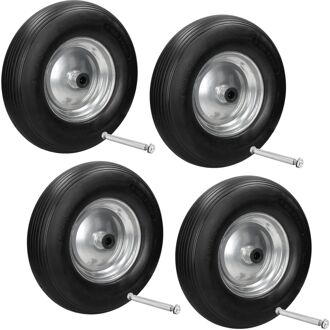 4x Kruiwagenwiel gemaakt van lekbestendig PU massief rubber met as - banden met stalen velg - 4.80 / 4.00-8 Zwart