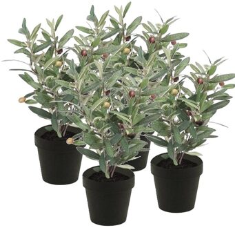 4x Kunstplant olijfboomje groen in pot 35 cm- Kamerplant groen olijfboom - Kunstplanten/Nepplanten