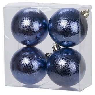 4x Kunststof kerstballen cirkel motief donkerblauw 8 cm kerstboom versiering/decoratie - Kerstbal