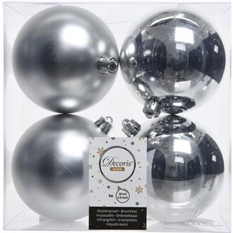 4x Kunststof kerstballen glanzend/mat zilver 10 cm kerstboom versiering/decoratie - Kerstbal Zilverkleurig