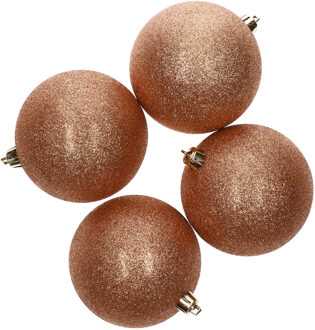 4x Kunststof kerstballen glitter koper 10 cm kerstboom versiering - Kerstbal Koperkleurig