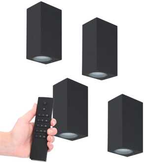 4x LED wandlamp Selma Zwart - Dimbaar - 8 watt 690 lumen - 2700K warm wit- GU10 - Up & Down light - IP65 Waterdicht - Incl. dimmer met afstandsbediening - tuinverlichting