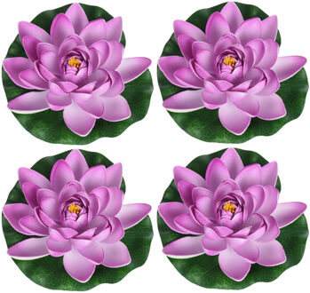 4x Lila paarse drijvende kunst waterlelie bloemen 18 cm - Tuinaccessoires - Vijverbenodigdheden - Vijverdecoratie - Nep/kunst bloemen/planten - Waterlelies