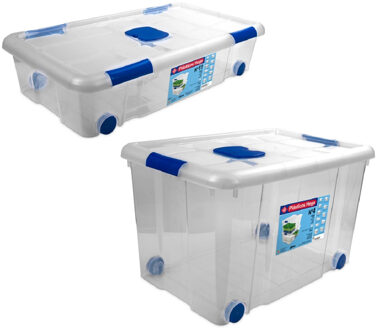 4x Opbergboxen/opbergdozen met deksel en wieltjes 31 en 55 liter kunststof transparant/blauw