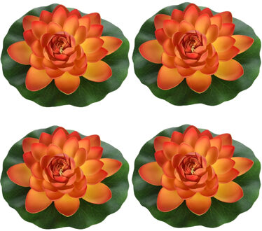 4x Oranje drijvende kunst waterlelie bloemen 18 cm - Tuinaccessoires - Vijverbenodigdheden - Vijverdecoratie - Nep/kunst bloemen/planten - Waterlelies