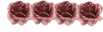 4x Oud roze decoratie bloemen rozen op clip 14 cm - Kerstversiering/woondeco/knutsel/hobby bloemetjes/roosjes