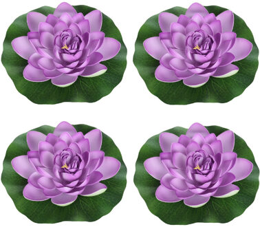 4x Paarse drijvende kunst waterlelie bloemen 18 cm - Tuinaccessoires - Vijverbenodigdheden - Vijverdecoratie - Nep/kunst bloemen/planten - Waterlelies