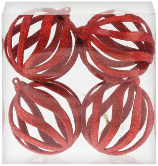 4x Rode open draad kerstballen met glitters kunststof 8 cm