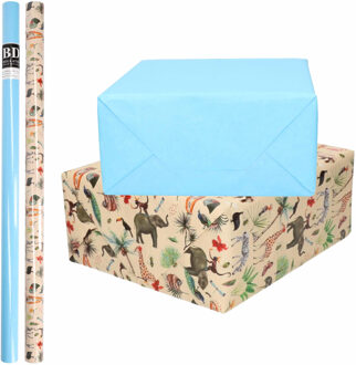 4x Rollen kraft inpakpapier jungle/oerwoud pakket - dieren/blauw 200 x 70 cm - Cadeaupapier