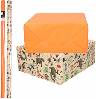 4x Rollen kraft inpakpapier jungle/oerwoud pakket - dieren/oranje 200 x 70 cm - Cadeaupapier