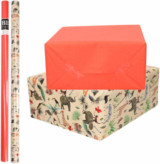 4x Rollen kraft inpakpapier jungle/oerwoud pakket - dieren/rood 200 x 70 cm - Cadeaupapier