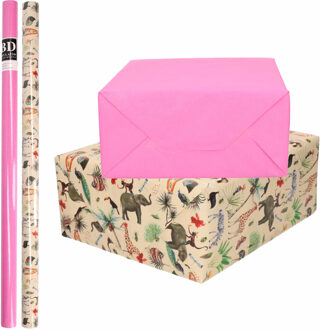 4x Rollen kraft inpakpapier jungle/oerwoud pakket - dieren/roze 200 x 70 cm - Cadeaupapier