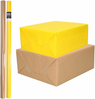 4x Rollen kraft inpakpapier/kaftpapier pakket bruin/geel 200 x 70 cm - Cadeaupapier