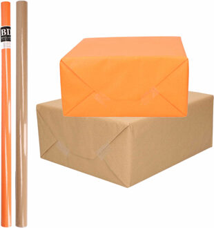 4x Rollen kraft inpakpapier/kaftpapier pakket bruin/oranje 200 x 70 cm - Cadeaupapier