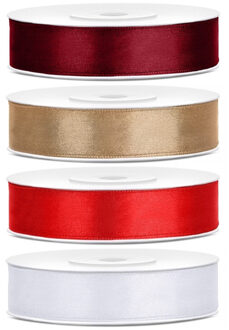 4x rollen satijnlint - bordeaux-goud-rood-wit 1,2 cm x 25 meter - Hobby cadeaulint - sierlint