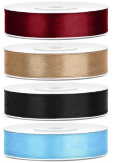 4x rollen satijnlint - bordeaux-goud-zwart-lichtblauw - 1,2 cm x 25 meter - Hobby cadeaulint