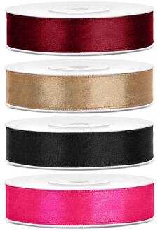 4x rollen satijnlint - bordeaux-goud-zwart-roze - 1,2 cm x 25 meter - Hobby cadeaulint - sierlint