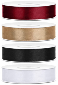 4x rollen satijnlint - bordeaux-goud-zwart-wit - 1,2 cm x 25 meter - cadeaulint - sierlint