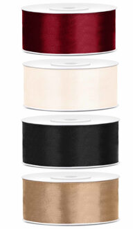 4x rollen satijnlint goud-zwart-wit-bordeaux 2.5 cm x 25 meter